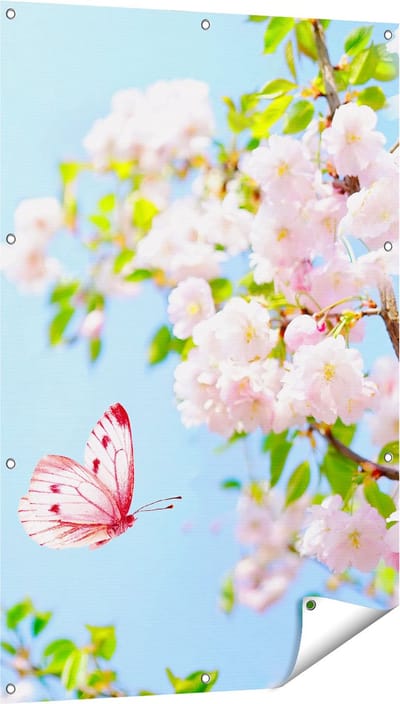 Gards Tuinposter Twee Roze Vlinders bij Roze Bloesem Bloemen - 80x120 cm - Tuindoek - Tuindecoratie - Wanddecoratie buiten - Tuinschilderij