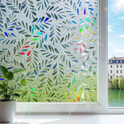 Glasfolie voor Ramen met Bladpatroon - Inkijkbescherming en Regenboogeffect, 60 x 200 cm, Zelfklevend en UV-Beschermend