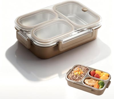 KZQ roestvrijstalen lunchbox - Drie compartimenten, lekvrij en duurzaam - Geschikt voor volwassenen, school, werk en buitenactiviteiten - Beige