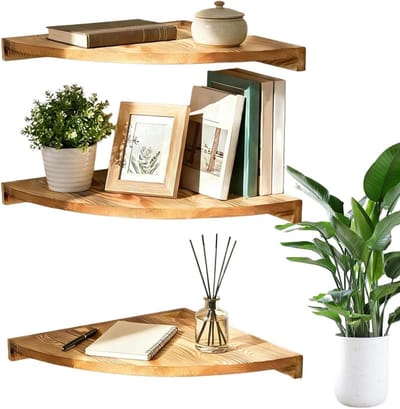 Zwevende Hoekplanken - Wandrek Drie Lagen - Ruimte Organiseren - Geoptimaliseerd Hoekgebruik - 31 cm Hoog - Houtkleur