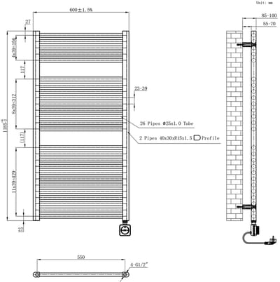 Wiesbaden Elara elektrische radiator Smart WiFi 118,5 x 60 cm mat zwart