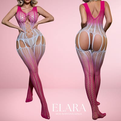 Elara - Seliora - Bodystocking Erotische Lingerie met Open Kruis - Catsuit - S t/m XL - Sexy Dames Lingerie - Roze/Wit