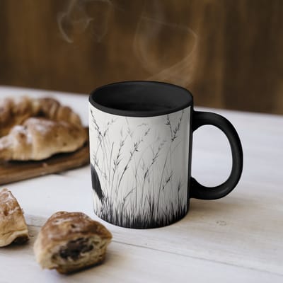 Magische Mok - Foto op Warmte Mokken - Koffiemok - Kraanvogels - Gras - Hartvorm - Zwart - Magic Mok - Beker - 350 ML - Theemok