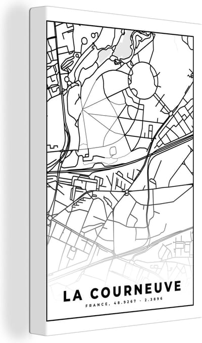 Canvas Schilderij Stadskaart - Plattegrond - Kaart - Frankrijk - La Courneuve - Zwart wit - 20x30 cm - Wanddecoratie