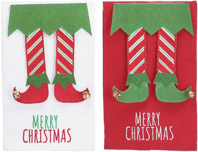 Viv! Christmas Kerstdecoratie - Vrolijke Kerst Theedoek met Elfenbenen - set van 2 - katoen