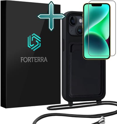 Hoesje Geschikt voor iPhone 13 Pashouder Case Siliconen Hoes Met Koord Met Screenprotector - Hoes Geschikt voor iPhone 13 Met Telefoonkoord Hoesje Back Cover Met Pasjeshouder - Zwart