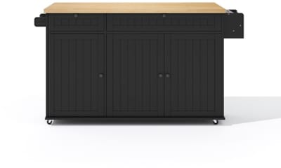 137×45x89.5 cm Keukeneiland met Opklapbaar Werkblad Keukenkast op 6 Vergrendelbare Wielen met Opbergplank Deurrek 2 Grote Lades en Kast Zwart