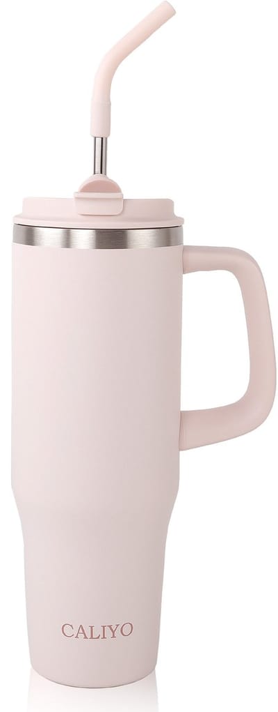 CALIYO Tumbler – RVS Thermosbeker – 1.2L – BPA-vrij - 9-11 Uur Koud - 40-48 Uur Met Ijs - Vaatwasmachinebestendig - Lekvrij – Met Rietje & Handvat – Travel Mug To Go Voor Koude Dranken - Lichtroze