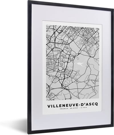 Fotolijst incl. Poster - Plattegrond - Kaart - Stadskaart - Frankrijk - Villeneuve-d'Ascq - 30x40 cm - Posterlijst