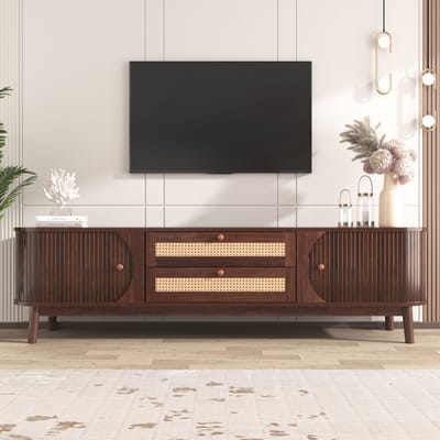 Tv-meubel van gemengd naturel hout met deuren en lades - tv-meubel met rotan zijkanten - 170 x 39.5 x 46 cm