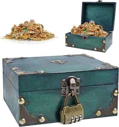 Vintage Houten Schatkist met Slot (15 x 12 x 7 cm) voor Decoratie en Sieradenopslag, Piratenthema, Unieke Opbergoplossing
