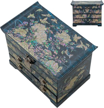 Parelmoer houten sieradenbox met ruime laden voor ringen, armbanden, horloges en kettingen