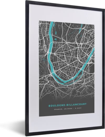 Fotolijst incl. Poster - Frankrijk - Boulogne-Billancourt - Stadskaart - Kaart - Plattegrond - 40x60 cm - Posterlijst