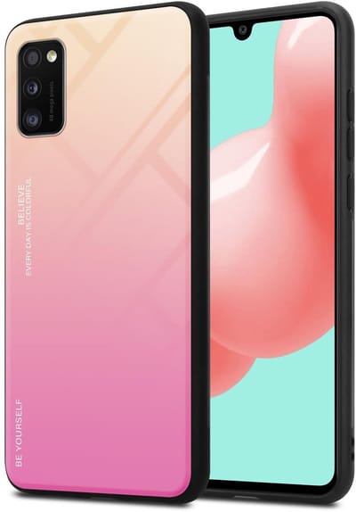 Cadorabo Hoesje geschikt voor Samsung Galaxy A41 in GEEL - ROZE - Tweekleurige beschermhoes van TPU-silicone Case Cover en achterzijde van gehard glas