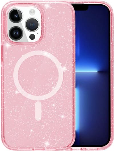 YPCd Glitter Hoesje met MagSafe voor Apple iPhone 14 Pro – Shockproof TPU Backcover – Verhoogde Randen – Transparant Roze