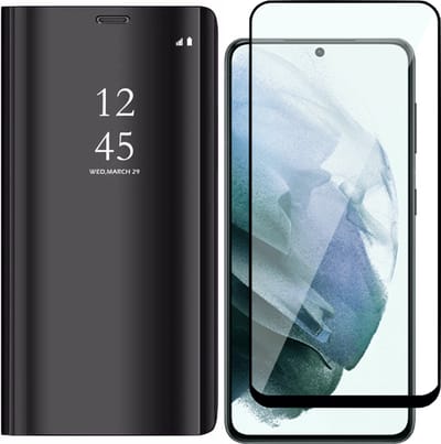 Hoesje geschikt voor Samsung Galaxy S21 FE - Book Case Mirror Reflection Wallet Cover Booktype Hoes Zwart - Screenprotector Beschermglas Gehard Glas Tempered Glass Full Screen Protector