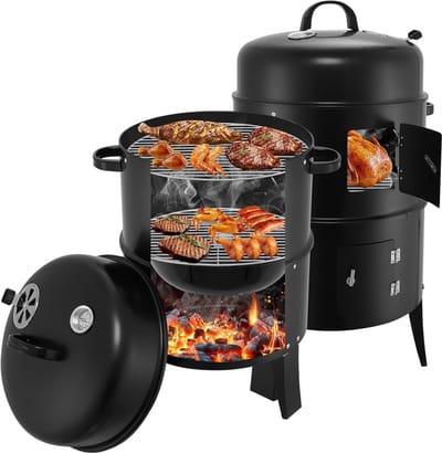 SMH LINE® Rookoven - Chef Smoker - BBQ Grill - 3in1 Multifunctionele barbecue - Ø40xH85cm - Rook /Grilloven - Incl. Thermometer - Zwart