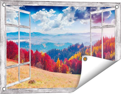 Gards Tuinposter Doorkijk Kleurrijke Herfstbos met Heuvellandschap - 60x40 cm - Tuindoek - Tuindecoratie - Wanddecoratie buiten - Tuinschilderij