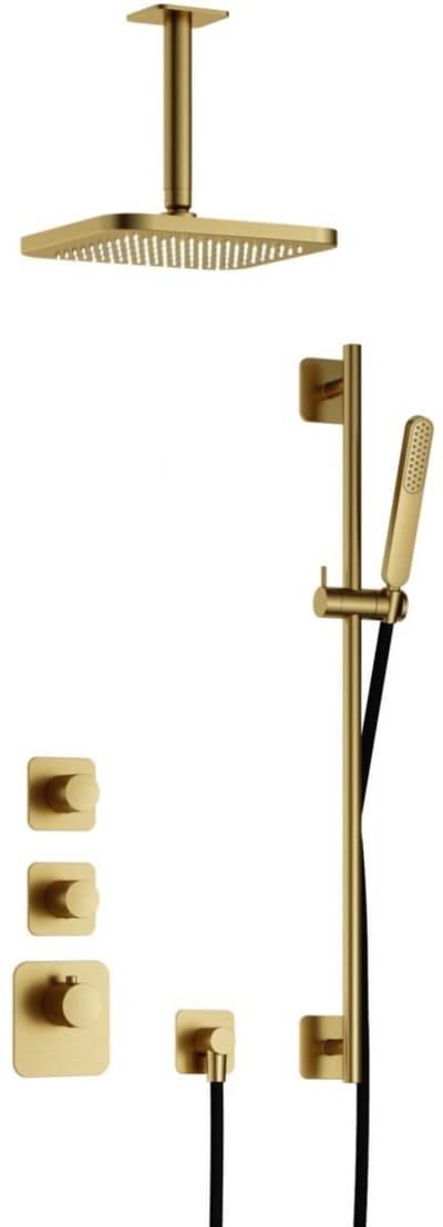 Hotbath Gal - Inbouw Regendoucheset - Geborsteld Messing PVD - 2 Stopkranen - Thermostatisch - Plafondbuis 15 cm - Hoofddouche 220 mm - Staafhanddouche - Glijstang 900 mm - V01