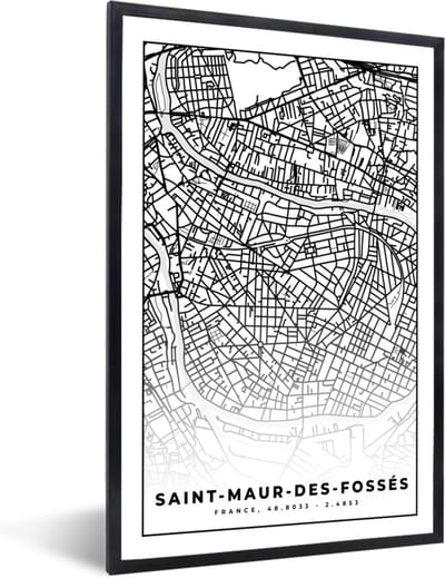 Fotolijst incl. Poster Zwart Wit- Frankrijk - Kaart - Plattegrond - Stadskaart - Saint-Maur-des-Fossés - Zwart wit - 40x60 cm - Posterlijst