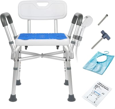 Douchestoel met Armleuningen - Badkamer Hulp - Veilig Douchen - 5 Hoogte-instellingen - 280 kg Belastbaar - Wit Blauw