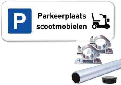 Parkeerbord Scootmobielen - Weerbestendig Aluminium - 40x15 cm - Bevestiging: Met paal 120 cm + paalbeugels + paaldop