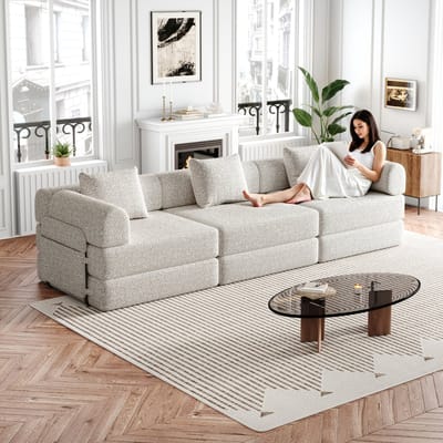 DESMIU Slaapbank 274 Cm - 2 In 1 Met Opbergruimte In Armleuning En Modulaire Opstelling - Voor Woonkamer En Logeerkamer - Chenille Khaki