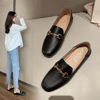 Damesschoenen Enkelvoudige Schoenen Lente Stijl Koreaanse Versie van Zacht Leer Zachte Zool Platte Damesschoenen Retro Mode Instappers Kleine Leren Schoenen 43