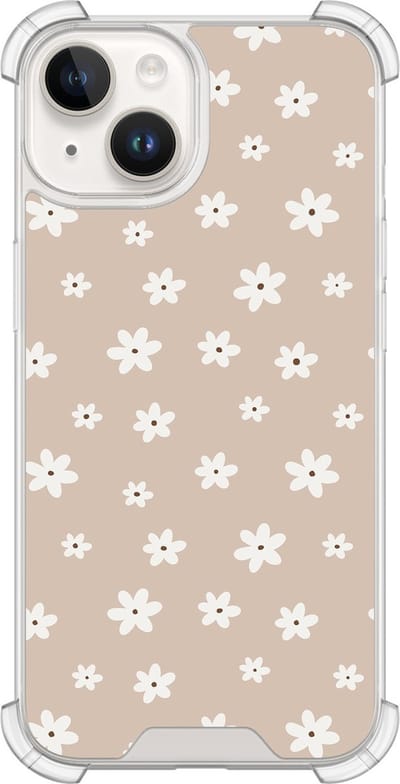 Shockproof hoesje - Geschikt voor iPhone 14 - Cute flowers - Extra sterke case - TPU/polycarbonaat - Bloemen - Beige, Transparant