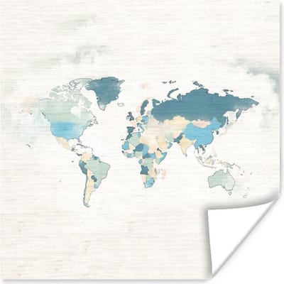 Poster 30x30 cm - Wereldkaart - Kleuren - Wit - Posters - Kamer decoratie - Wanddecoratie woonkamer - Muurdecoratie slaapkamer