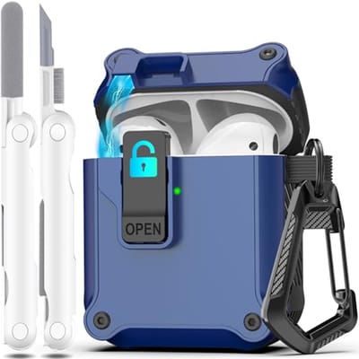 R-fun Compatibel met AirPods 2e/1e generatie oplaadhoes Cover, Pop-Up Cover Full Auto Protection Compatibel met Airpods Case met Cleaner Kit en Sleutelhanger,Blauw