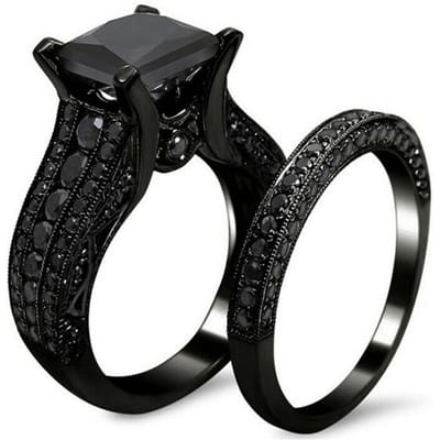 Bague de fiançailles de mariage en or noir avec strass taille princesse en zircon cubique noir ou bleu, ensemble de bagues de mariée, taille 5 à 12 7 noir