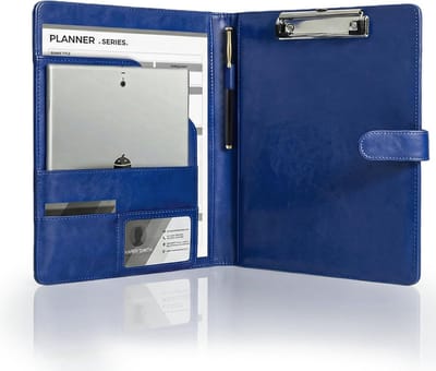 SnelShoppen - A4 PU Leren Clipboard Map - Magnetische Opvouwbare Schrijfmap met Deksel, Penhouder en Documentcompartimenten - Donkerblauw voor Confere
