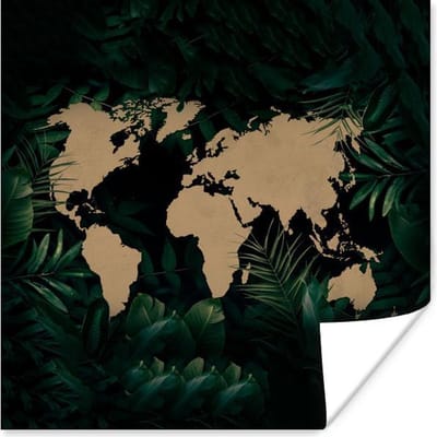 Poster 30x30 cm - Wereldkaart - Bloemen - Planten - Posters - Kamer decoratie - Wanddecoratie woonkamer - Muurdecoratie slaapkamer
