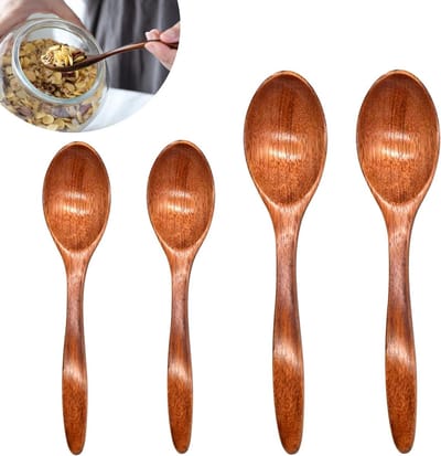 Set van 4 Kleine Handgemaakte Natuurlijke Houten Lepels voor Thee, Koffie en Honing - Ideaal voor Suiker, Specerijen en Soepen (2 x 14 cm + 2 x 18 cm)