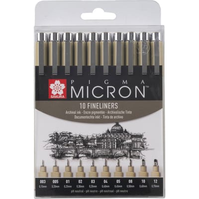 Fineliner Sakura Pigma Micron set à 10 schrijfbreedtes zwart