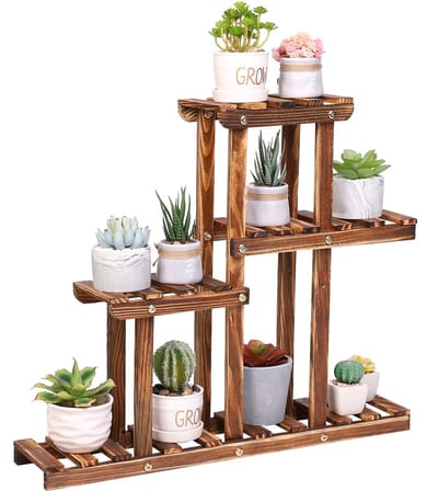 unho Plantenrek Hout - 4 Niveaus - Plantenstandaard voor Binnen & Balkon - Bloementrap - Compact Design - 58 x 11.5 x 50 cm - Bruin