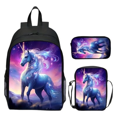 Eenhoorn Rugzak | Fantasiepatroon Rugtas | Dieren Rugzak | Rugzak Meisjes | Rugzak Jongens | Mooie rugzakken met Eenhoorn | Rugtas, etui en lunchtas met mooie 3D geprinte details | 3-delige set jongens schooltassen | 15 - 20 liter | Kinder Rugzak