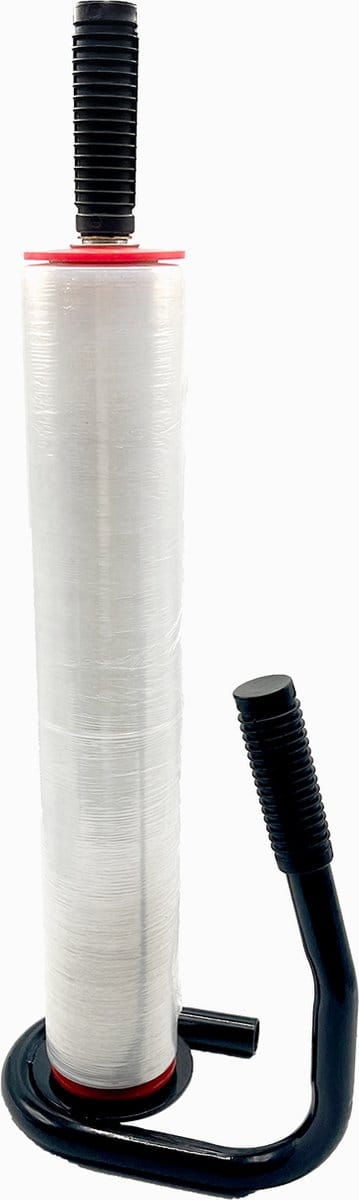 Wikkelfolie dispenser - Zwart - Rekfolie - Ergonomische Rekfoliedispenser - Rolhouder - Rekfoliehouder - Stretchfolie - Met 1 rol wikkelfolie (300m x 50cm) - 23my - Sealfolie - Handwikkelfolie - Foliehouder - Houder
