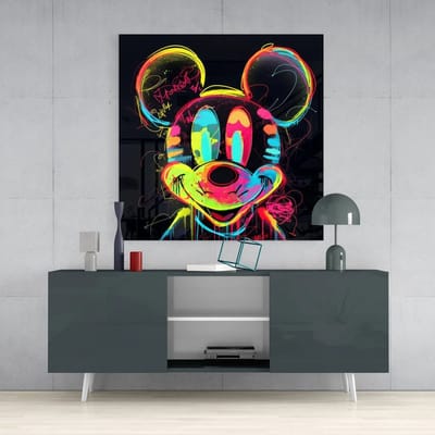 Vierkant Glasschilderij Mouse Pop Art – Neon Street Art Wanddecoratie – Kleurrijk Modern Kunstwerk voor Woonkamer of Kinderkamer - 50x50 cm