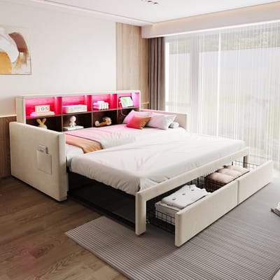 DESMIU Gestoffeerde Slaapbank 90x190cm Zonder Matras Uitbreidbaar Naar 180cm Met Hoofdbord Opbergvakken Ledverlichting En Laden Beige