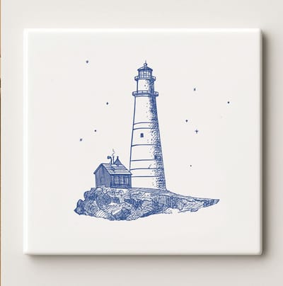 Vuurtoren Tegel 15x15cm – Elegante Blauwe Nautische Keramische Wanddecoratie – Kusthuis Decoratie – Maritiem Cadeau voor Zee Liefhebbers