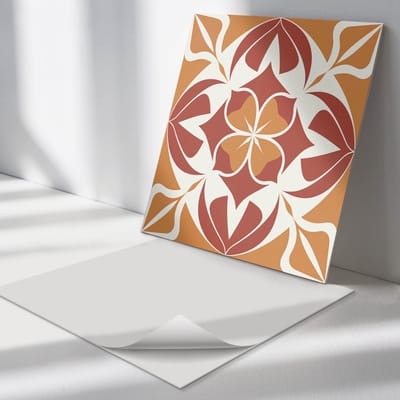 Wallfluent Vinyl Tegels - Symmetrisch Plantenpatroon Zelfklevende Vinyl Tegels - 30 cm x 30 cm - Oranje Vinyl Tegels - 9 stuks - Vierkant PVC Tegels - Patroon Plaktegels - Vinyl Wandtegels - Plaktegels Keuken en Badkamer