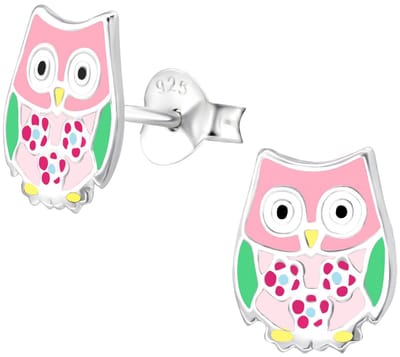 Joy|S - Zilveren uil oorbellen - 8 x 9 mm - roze met bloemetjes - kinderoorbellen
