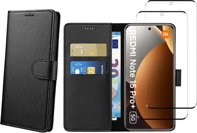 Coque pour Xiaomi Redmi Note 15 Pro Plus 5G et 2 Verres Trempé - Portefeuille Noir Rabat Clapet Aimanté Rangement Cartes Phonillico®