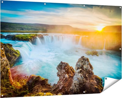 Gards Tuinposter Watervallen bij Zonsondergang - 150x100 cm - Tuindoek - Tuindecoratie - Wanddecoratie buiten - Tuinschilderij