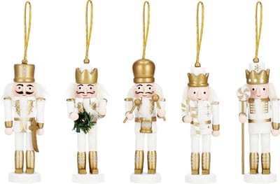 Springos Notenkraker Kerst | Houten Soldaat | Kerstversiering | 5 Stuks | Goud/Wit | 12,5 cm