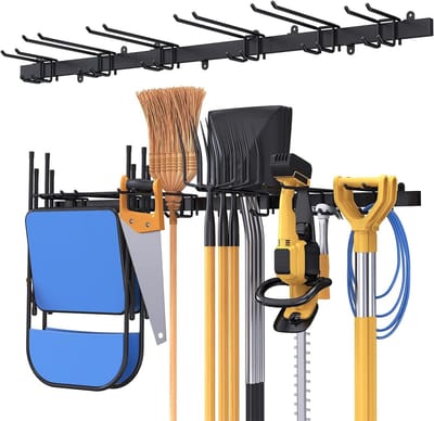 Garage Tool Organizer met 12 Metalen Wandhaken - Ideaal voor Gereedschap, Bezem en Rieken in Werkplaats of Kelder