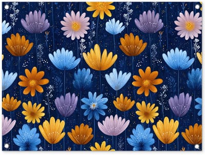 Tuinposter 80x60 cm - Tuindecoratie Bloemen - Patroon - Blauw - Contrast - Poster voor in de tuin - Buiten decoratie - Schutting tuinschilderij - Tuindoek muurdecoratie - Wanddecoratie balkondoek
