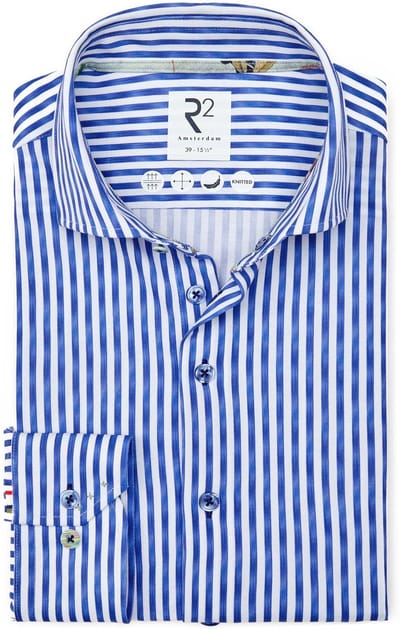 R2 Japanese Knitted Overhemd Streep Blauw - Maat 38 - Heren - Overhemden Casual